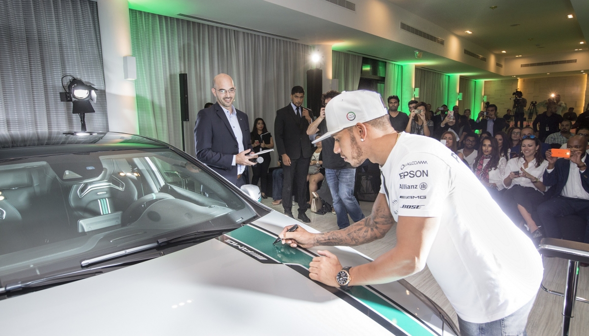 F1 Champion Lewis Hamilton unveils new Mercedes-AMG A 45 4MATIC World Champion Edition model at its worldwide launch in Abu Dhabi