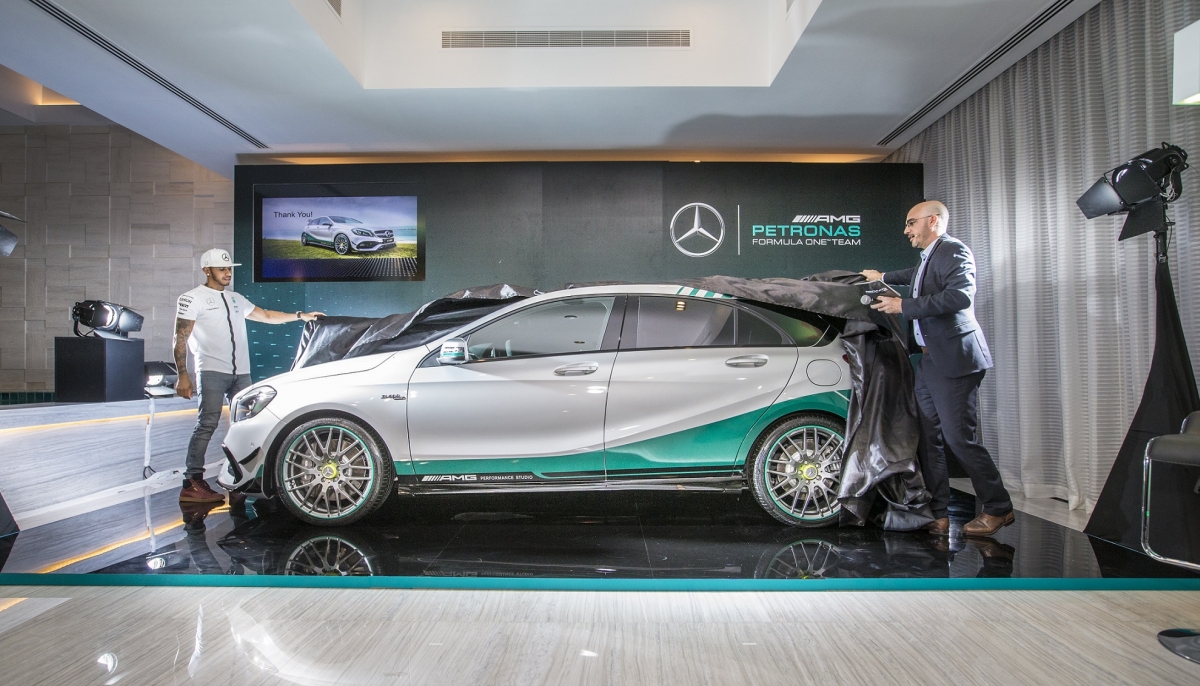 F1 Champion Lewis Hamilton unveils new Mercedes-AMG A 45 4MATIC World Champion Edition model at its worldwide launch in Abu Dhabi
