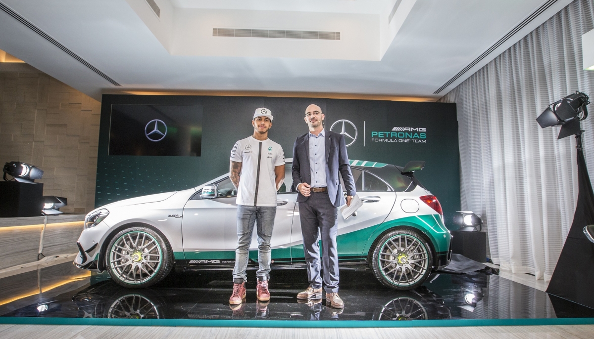 F1 Champion Lewis Hamilton unveils new Mercedes-AMG A 45 4MATIC World Champion Edition model at its worldwide launch in Abu Dhabi